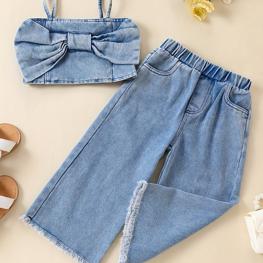 2pcs Baby Girls Bowknot Denim Camisole Top & Pants Set