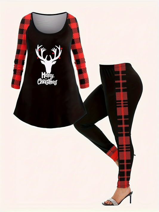  Elk & Plaid Print Top & Leggings Outfits Set