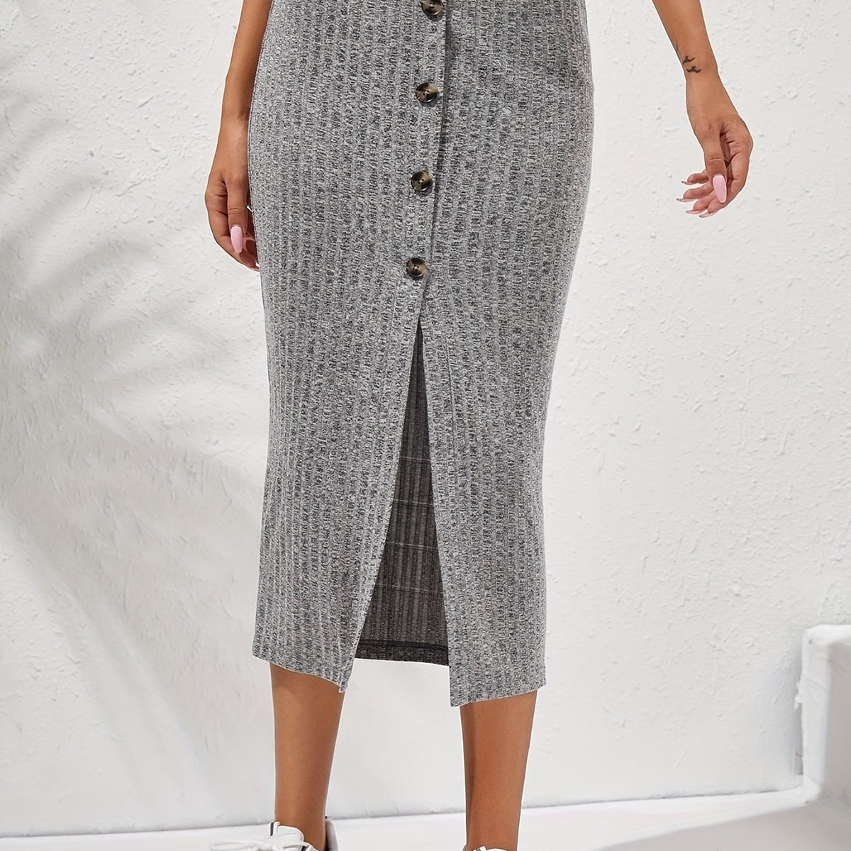 Ribbed Button Front High Waist Midi Skirt