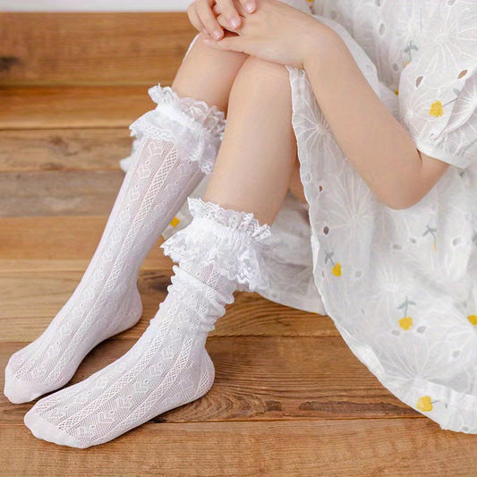 Ruffled Heart Decor Sweet High Socks for Girls