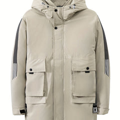 Men's Hooded Puffer Jacket Warm Winter Big Pockets Solid Coat