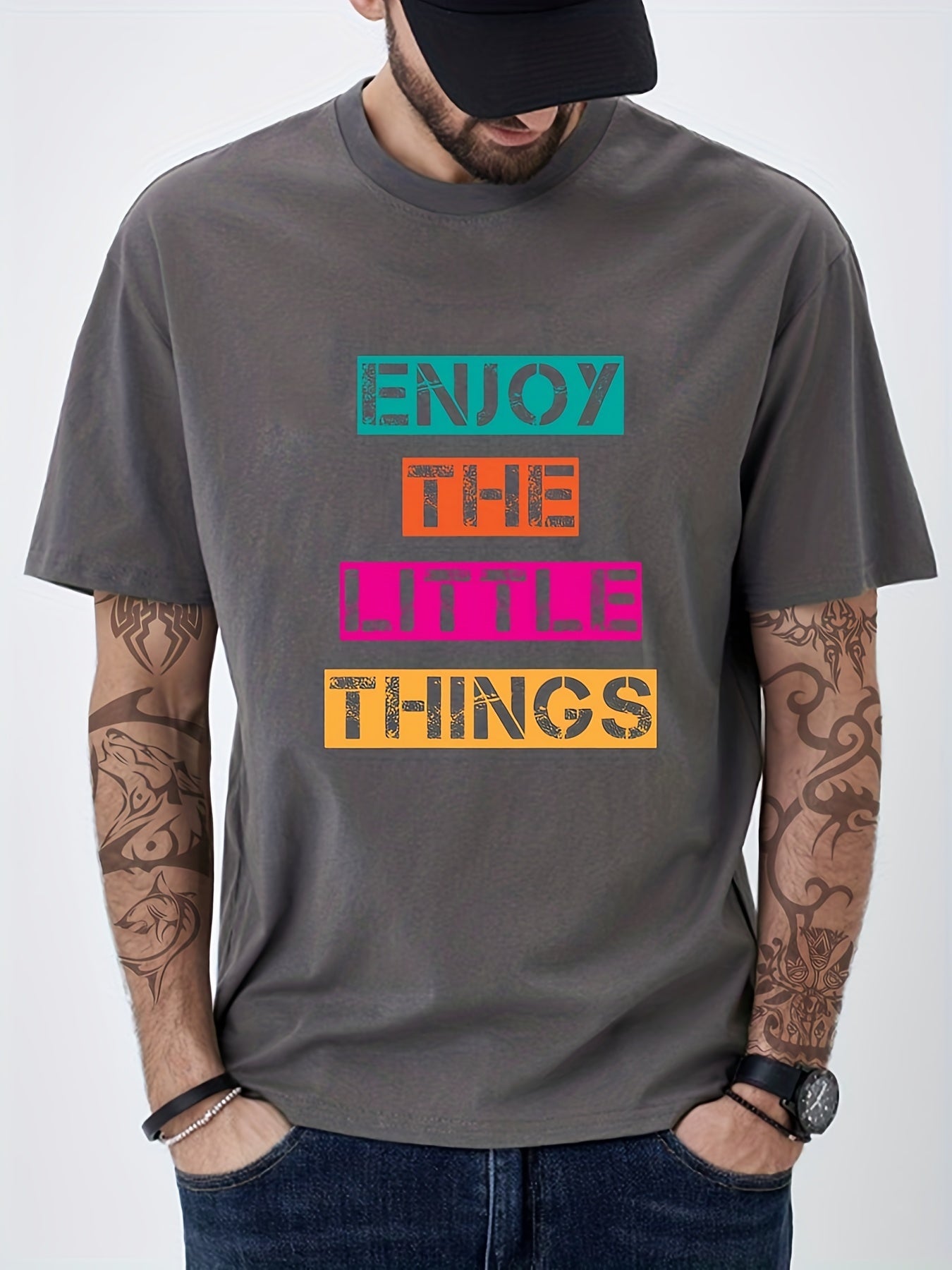 Solid Cotton Men's Graphic Crew Neck T-shirt Casual Comfy Tee
