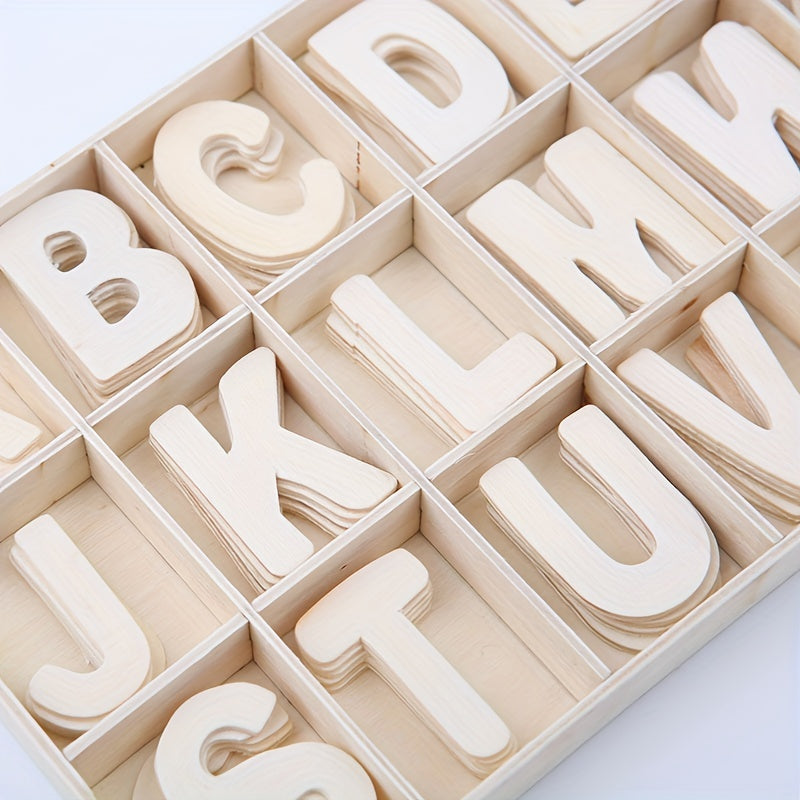 130pc Wooden Craft Letters w/ Storage Tray Natural Blank Unfinished Alphabet