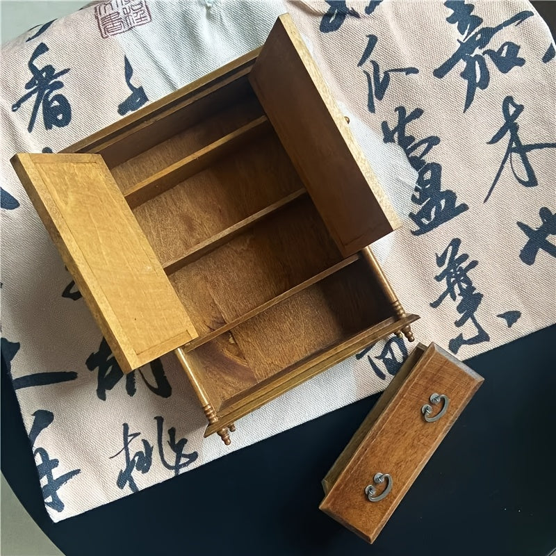 Vintage Wooden Dollhouse Wardrobe Cabinet with Double Doors and Drawers
