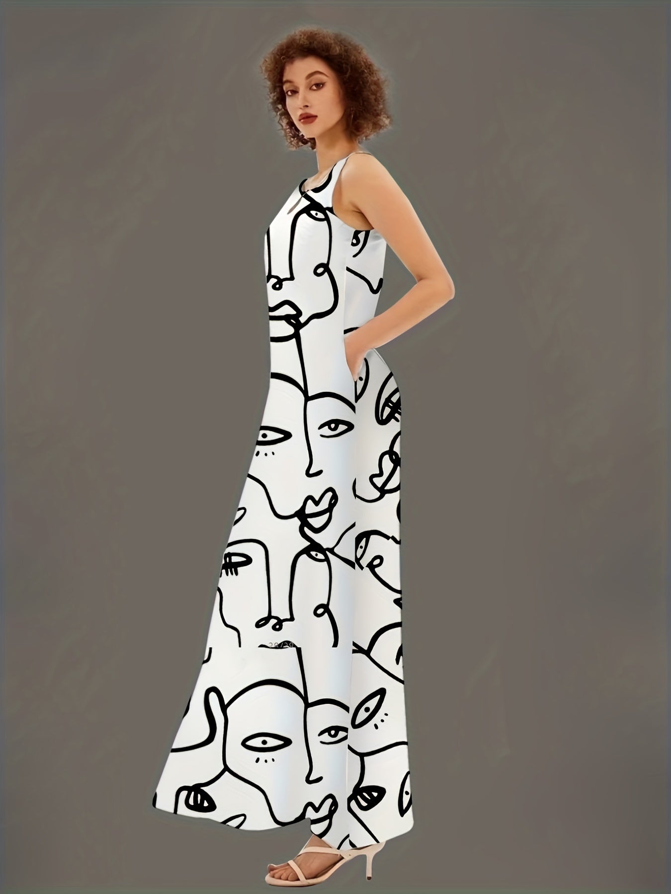 Abstract Figure Print Maxi Tank Dress With Pockets