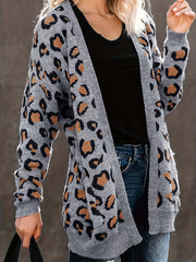  Leopard Print Open Front Cardigan with Pockets