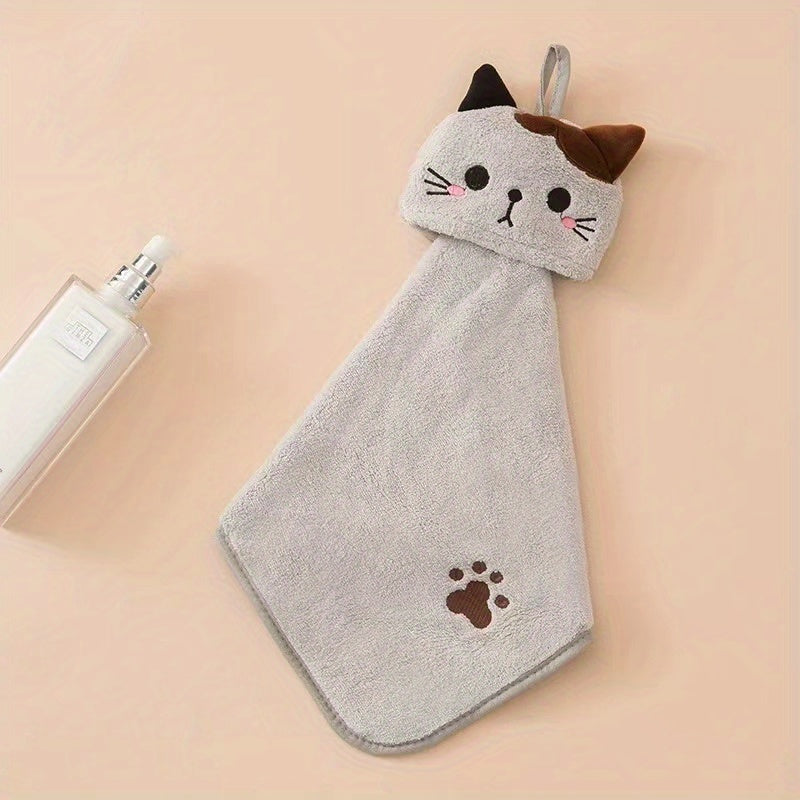 Cartoon Cat Hand Towel Soft Coral Fleece Pocket Towel for Bathroom and Kitchen