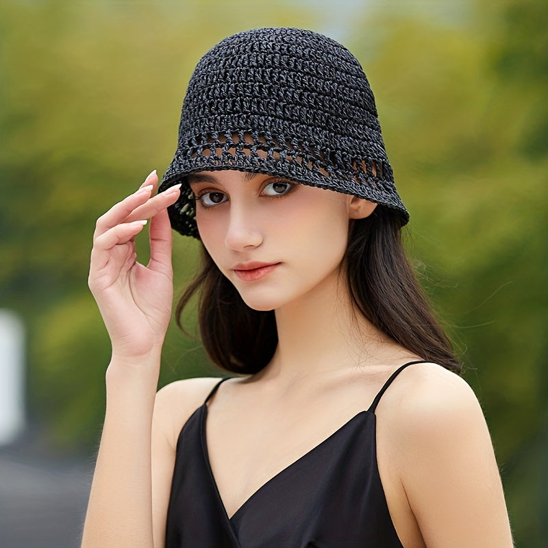 Y2K Hollow Crochet Bucket Hat Gradient Boho Straw Cloche Hats Women