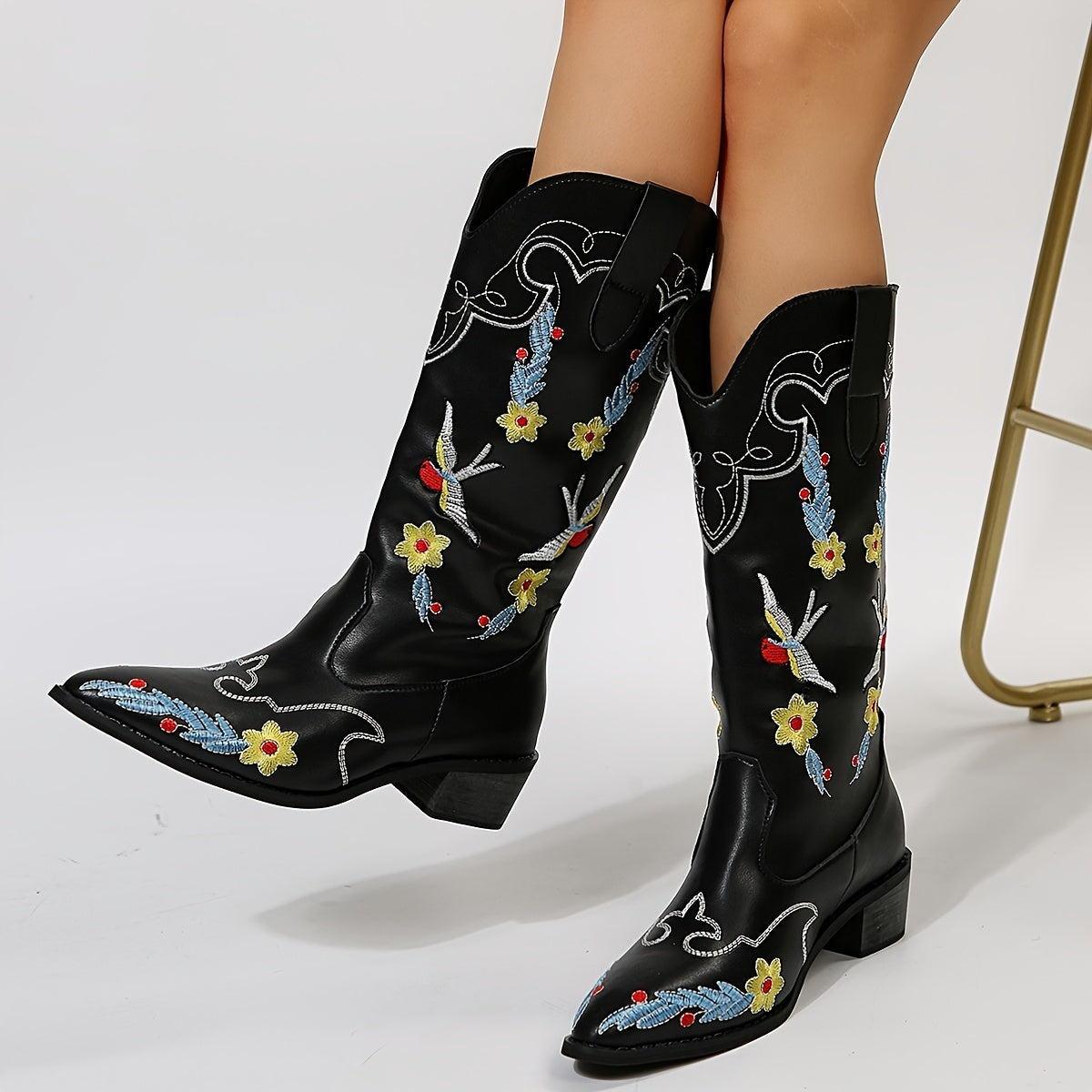 Women's Embroidered Western Boots Slip On Chunky Heel Cowboy Mid Calf Shoes