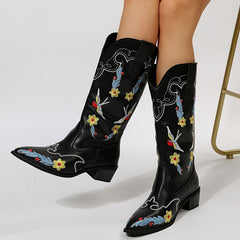 Women's Embroidered Western Boots Slip On Chunky Heel Cowboy Mid Calf Shoes