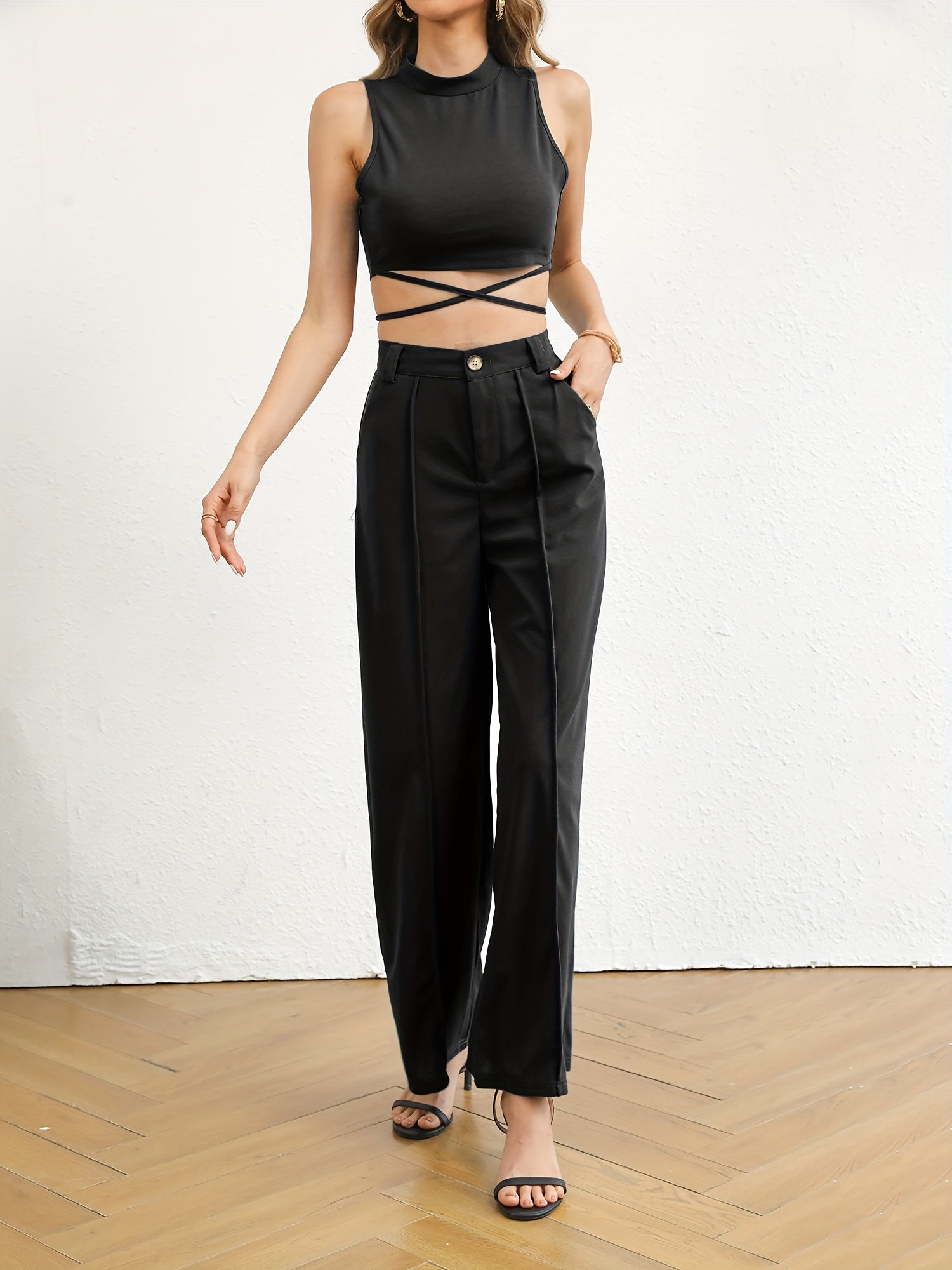 Solid Slim Two piece Set Tie Back Mock Neck Top & High Waist Wide Leg Pants
