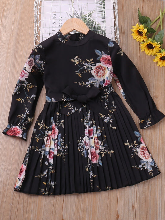 Floral Pleated Long Sleeve Dress