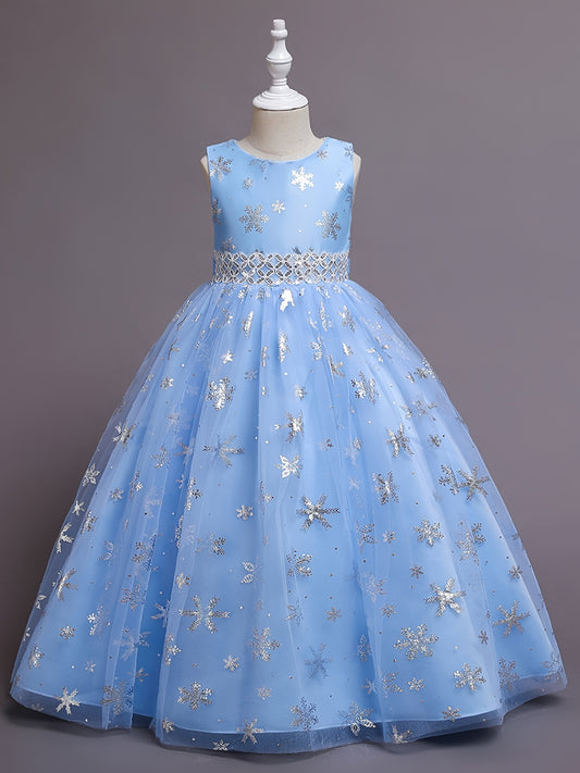Girls Snowflake Long Dress Sleeveless Mesh Christmas Princess Party