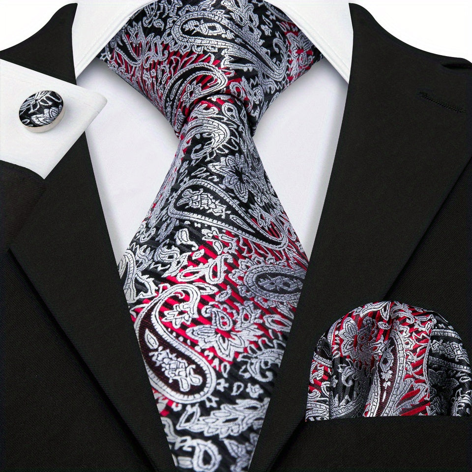 Men's Floral Solid Necktie Set with Handkerchief Clip