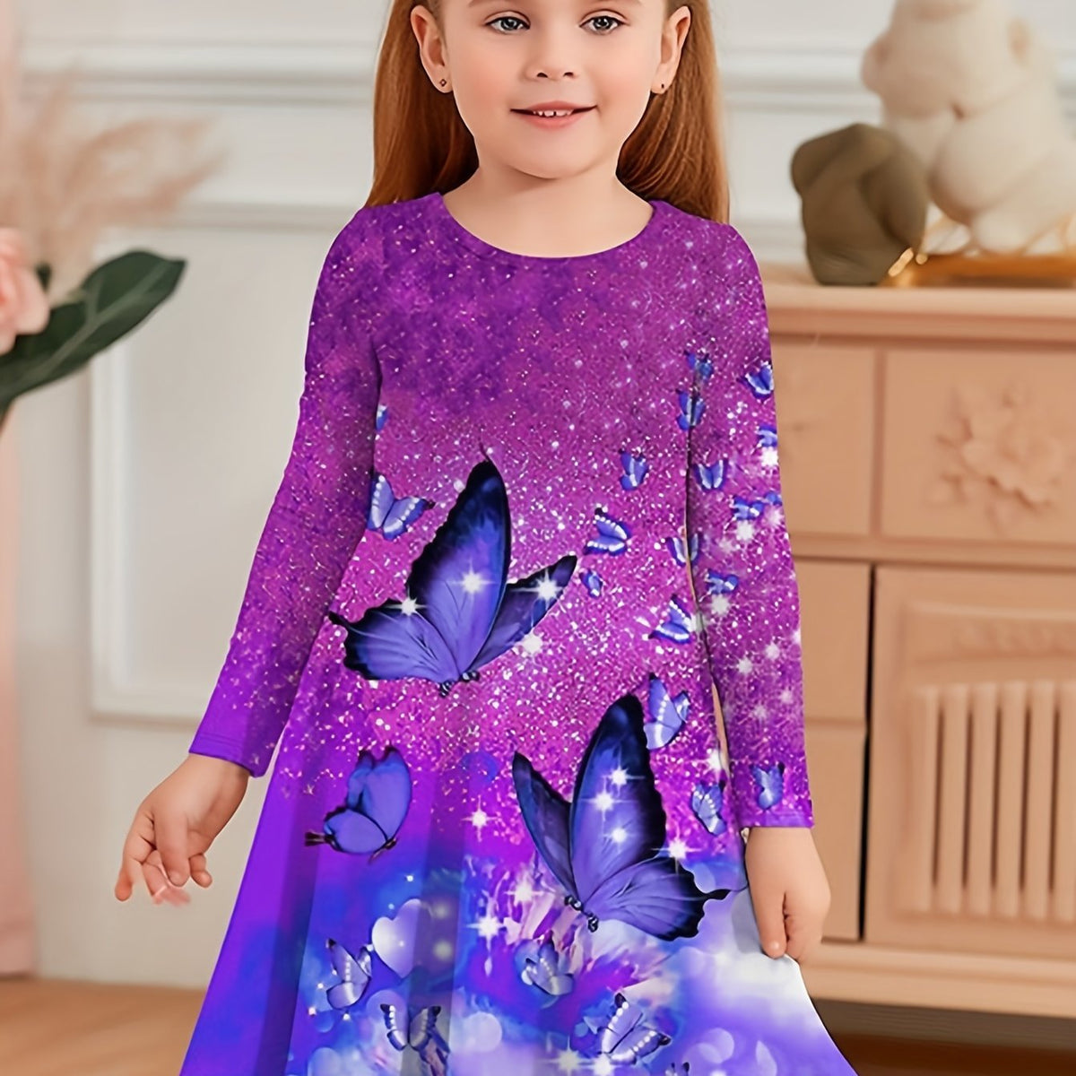 Girls Butterfly Print Long Sleeve Dress Spring Fall Gift Party