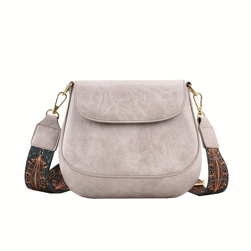 Vintage Solid Saddle Bag Minimalist Shoulder Bag Retro Pattern Strap