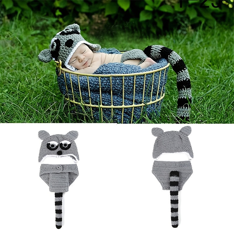 2Pcs Raccoon Crochet Knitted Costume for Newborn Baby Photography Props