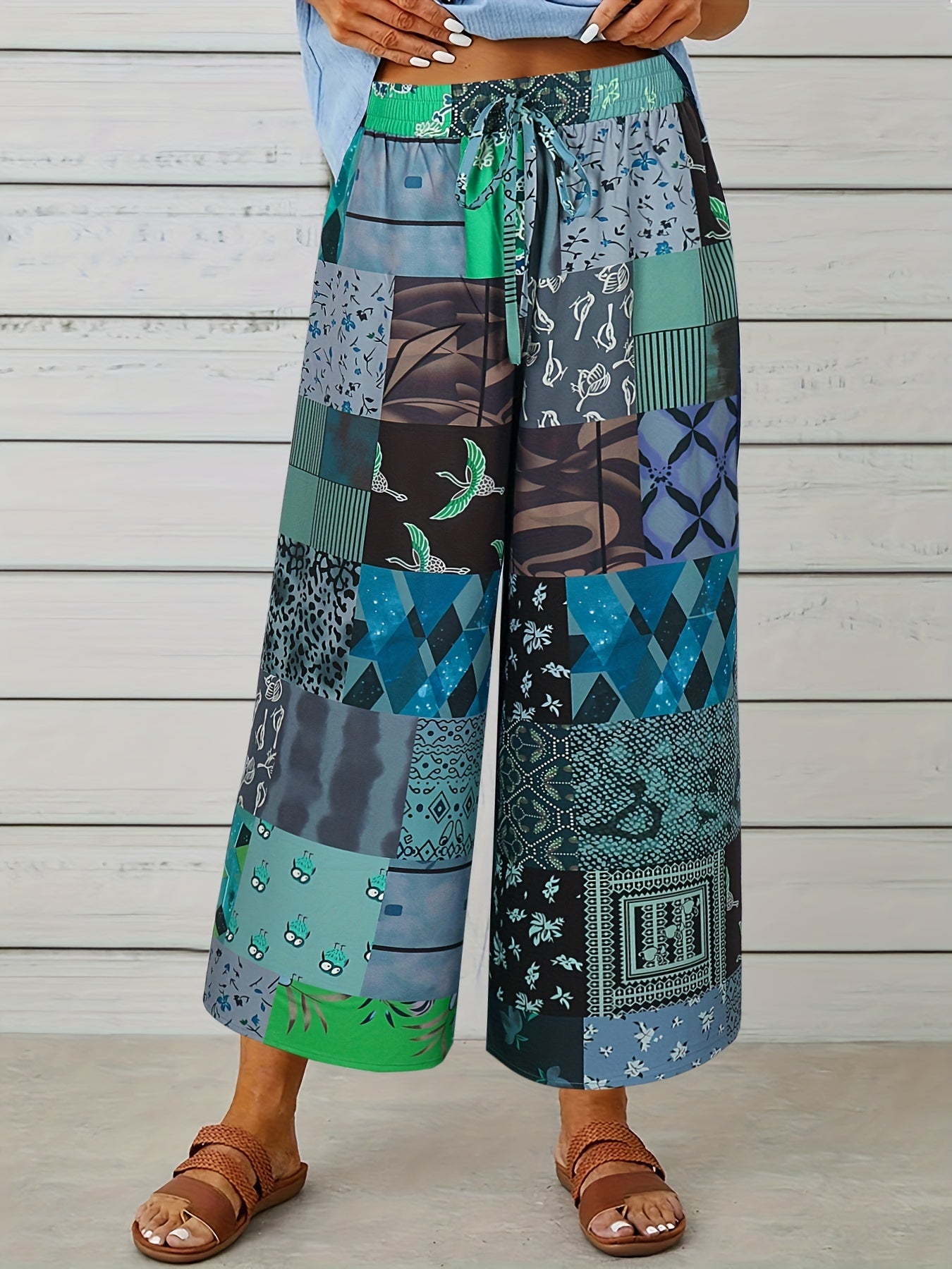  Colorblock Floral Print Wide Leg Pants