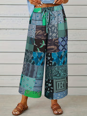  Colorblock Floral Print Wide Leg Pants