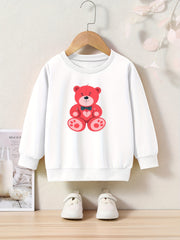Bear Print Girls Casual Pullover Sweatshirt Long Sleeve Crew Neck Tops