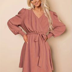 Women's Plus Solid Lantern Sleeve Mini Dress With Belt
