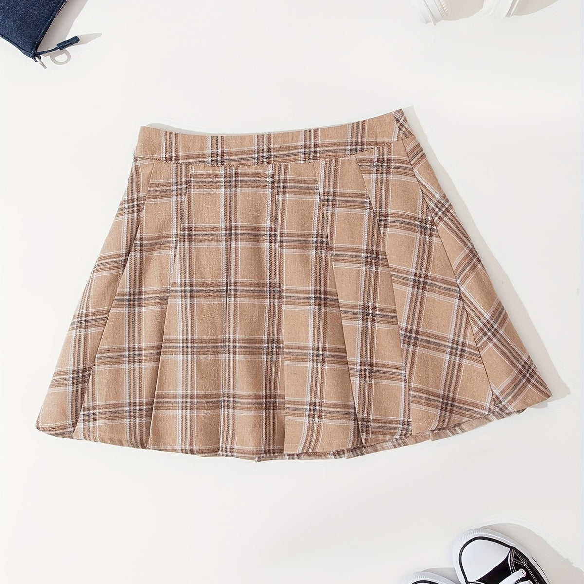 Plaid Side Zip Pleated Skirt Preppy Skirt For Spring & Summer Women's Clothing
