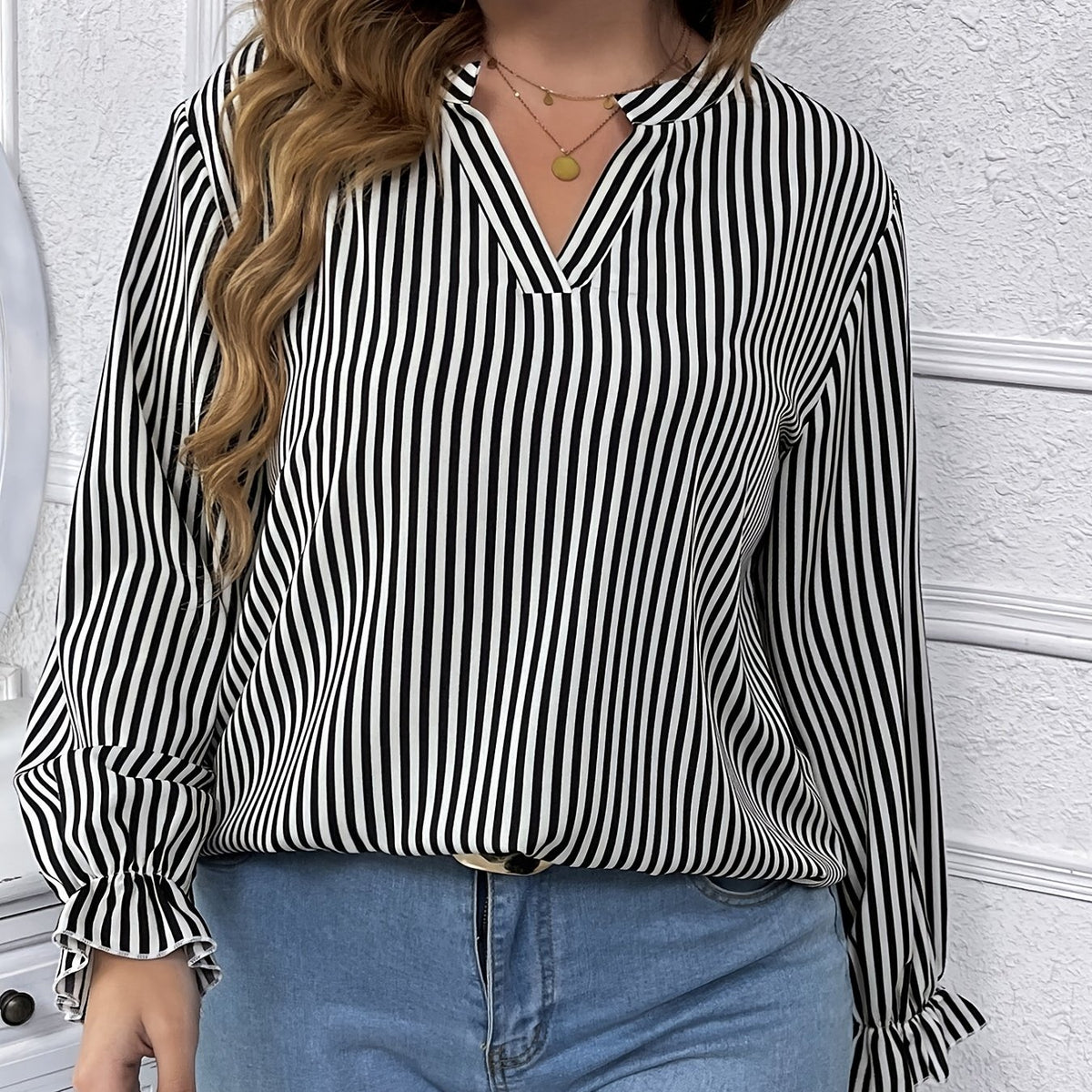 Striped Print Lantern Sleeve V Neck Blouse Plus Size Casual Blouse