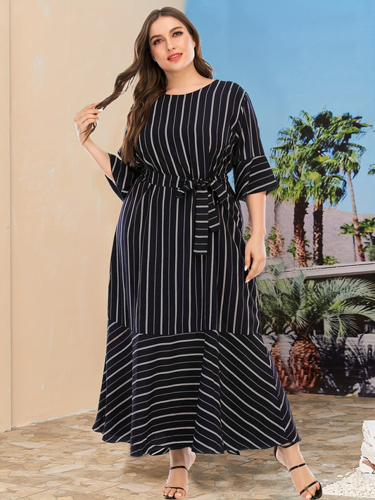  Stripe Print Bell Sleeve Maxi Smock Dress With Belt