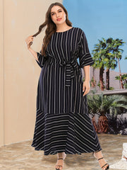  Stripe Print Bell Sleeve Maxi Smock Dress With Belt