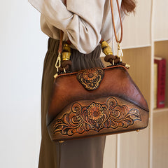 Vintage Style Handbag with Flower Pattern PU Material Shoulder Bag