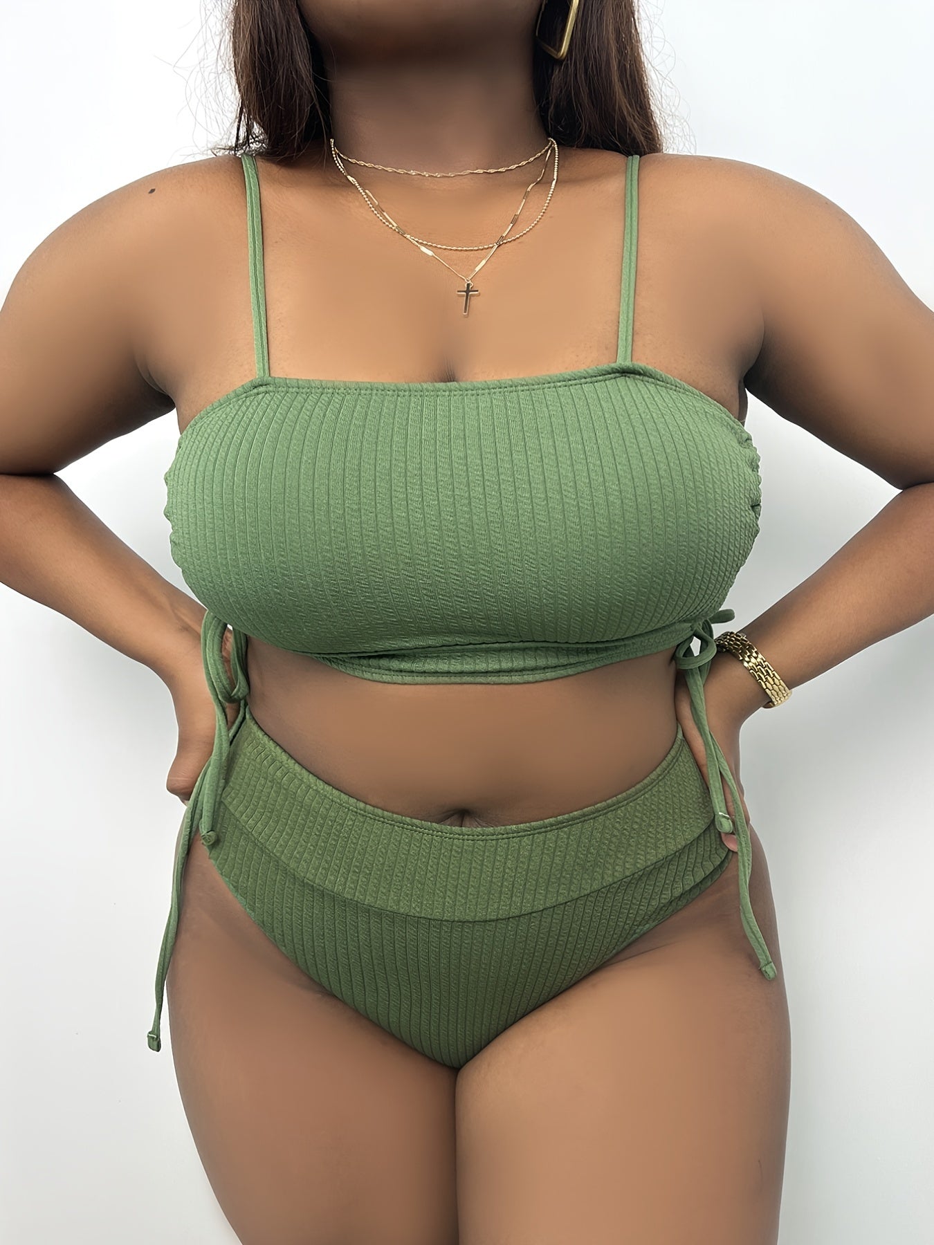 Solid Ribbed Side Knot Cut Out Bikini Set Plus