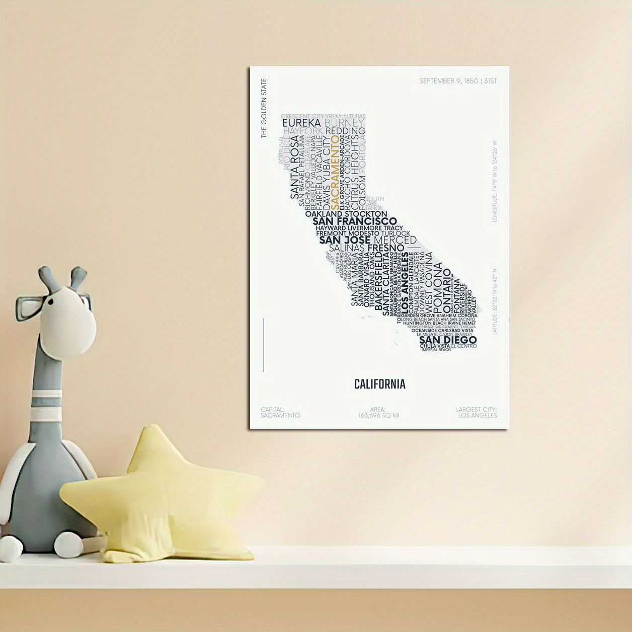 California State Letter Map Sticker Kids Room Art A5 A4