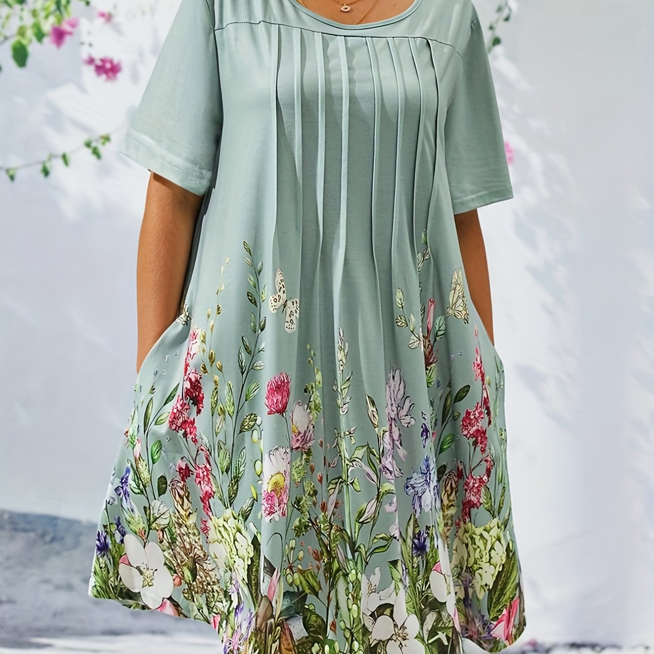  Floral Print Short Sleeve Pleated Dress