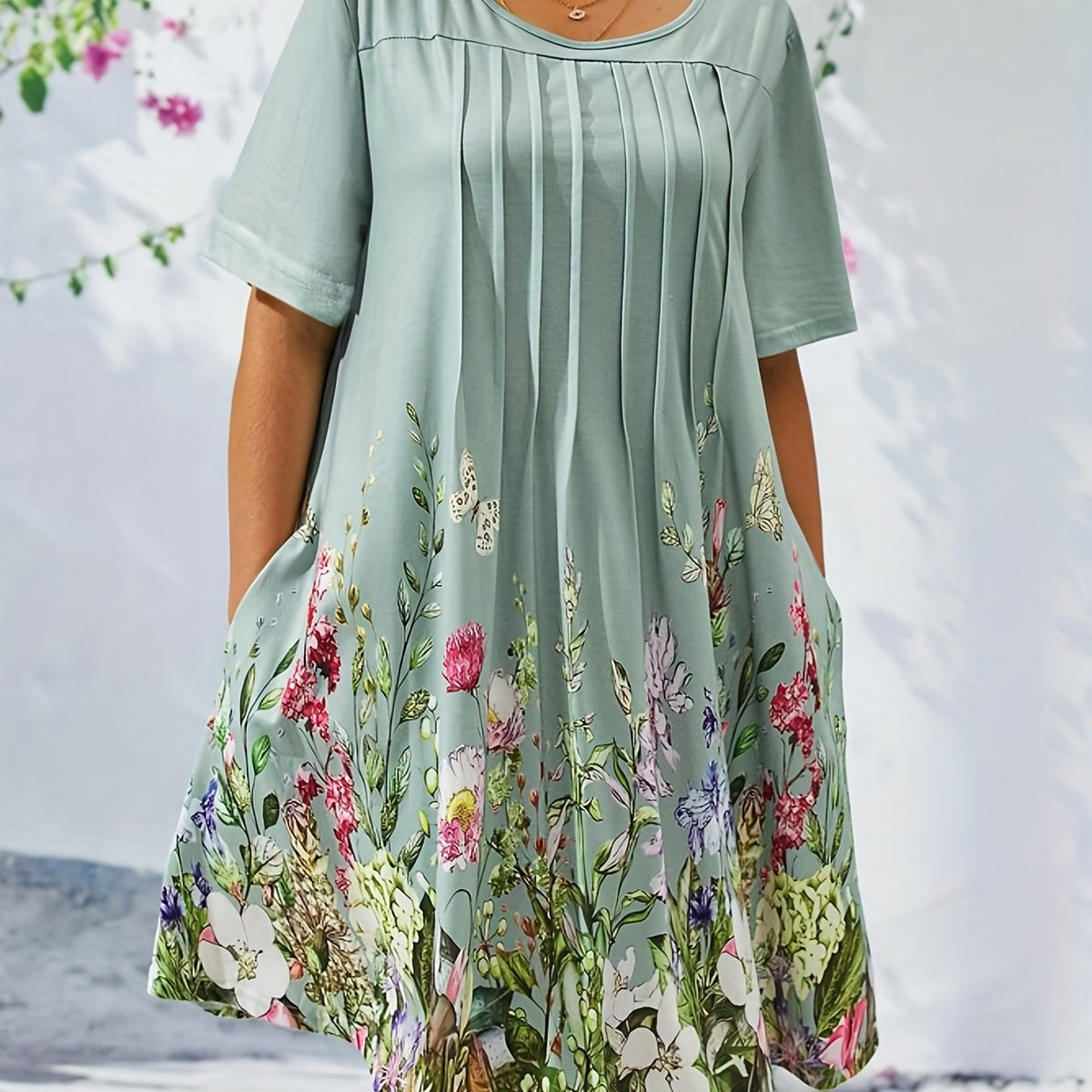  Floral Print Short Sleeve Pleated Dress