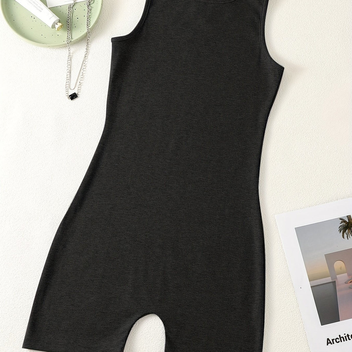 Solid Crew Neck Romper Sleeveless Jumpsuit Casual