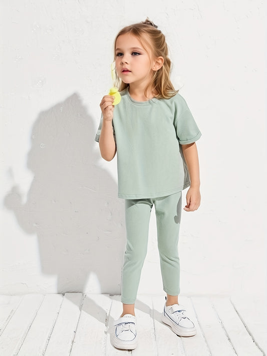 Girl's 2pcs T shirt & Leggings Set Solid Short Sleeve Top Casual Outfits
