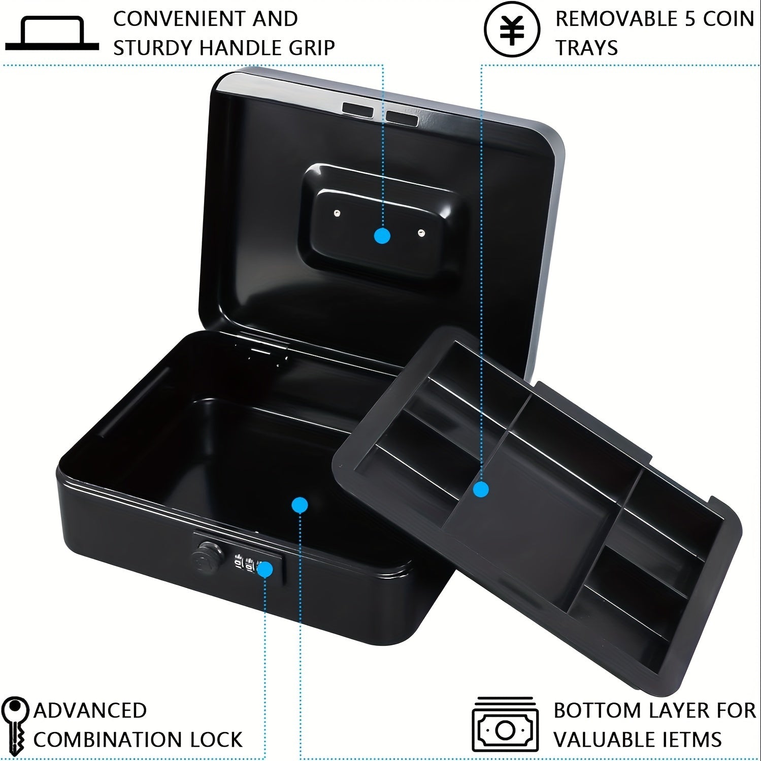 Large Metal Cash Box with Combination Lock Safe for Security 9.84 x 7.87 x 3.54