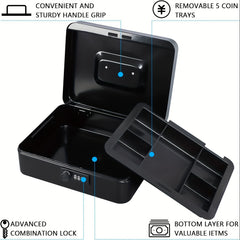 Large Metal Cash Box with Combination Lock Safe for Security 9.84 x 7.87 x 3.54