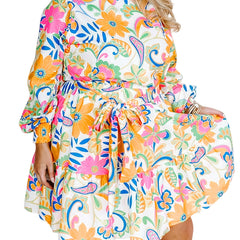  Paisley & Floral Print Shirred Dress