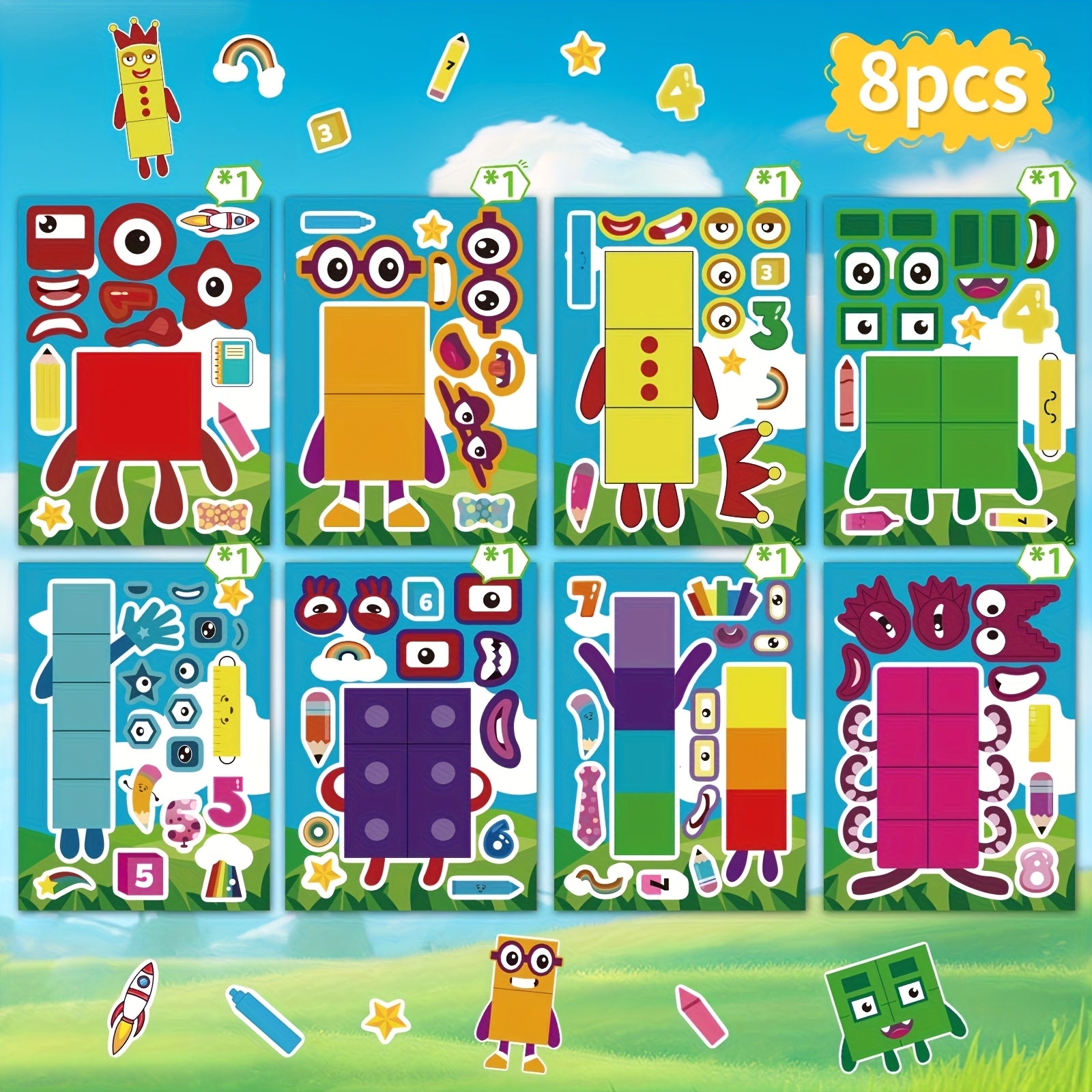 16pcs DIY Stickers Cartoon Faces Animals Stars & Party Designs