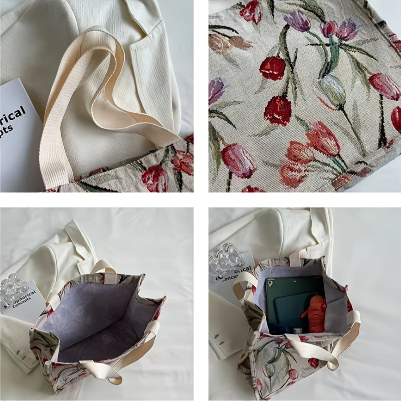 Flower Graphic Tote Bag Canvas Shoulder Bag Large Capacity Handbag