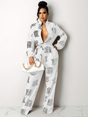 Letter Print Tie Front Jumpsuit Long Sleeve Women's Clothing