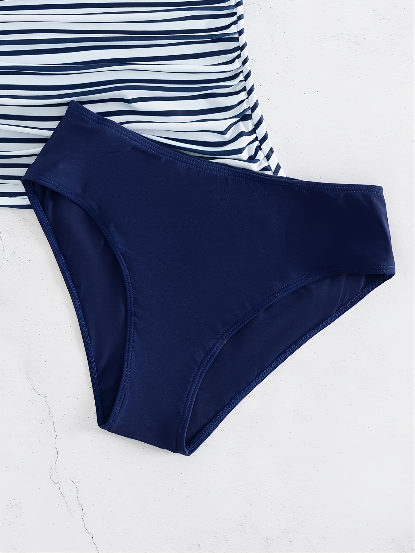 Striped Print Ruched Top High Cut Two Piece Swimsuit