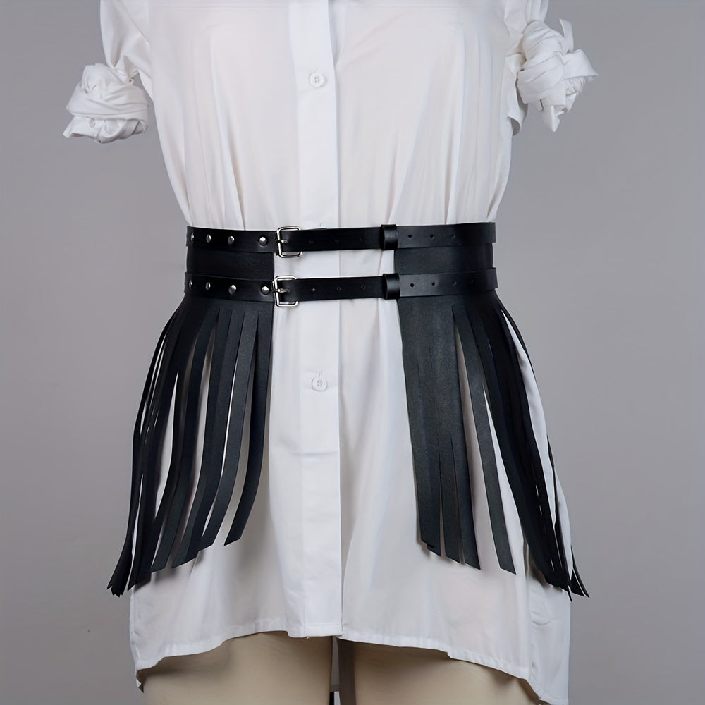 PU Leather Tassel Skirt Waistband Punk Adjustable Waist Belt