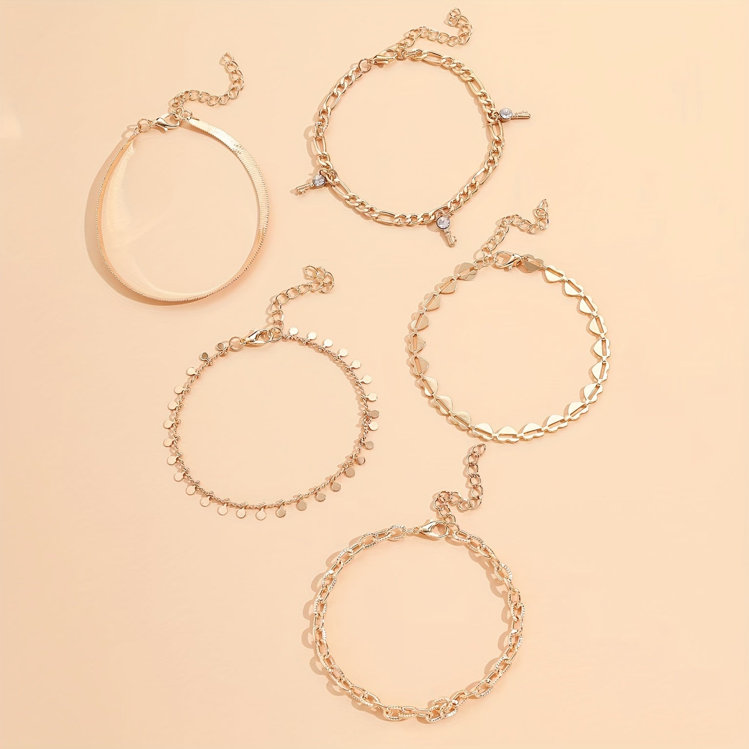 5 Pcs Stackable Chain Anklet Set with Key Tassel Pendant