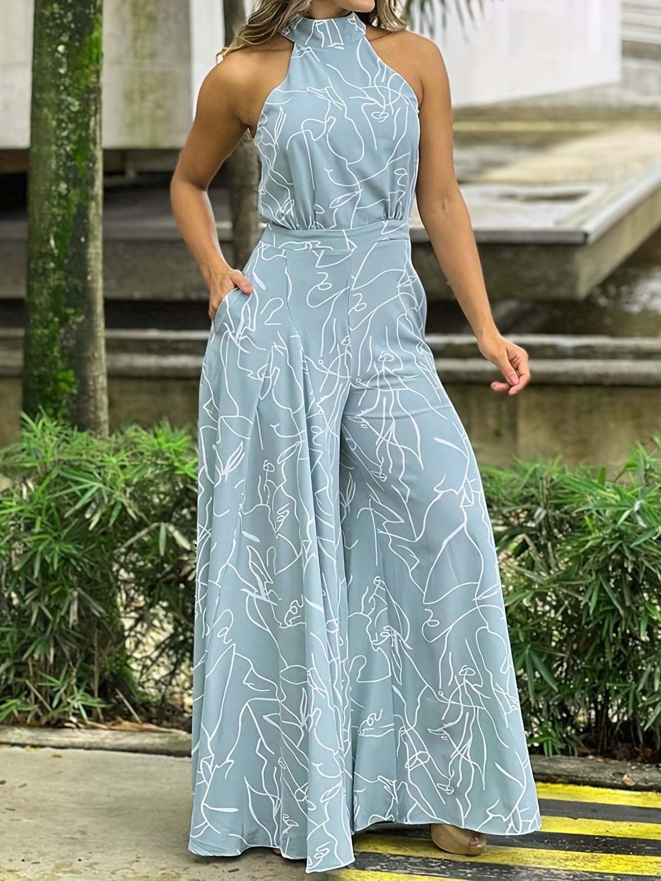 Print Tie Waist Halter Jumpsuit Wide Leg Pant