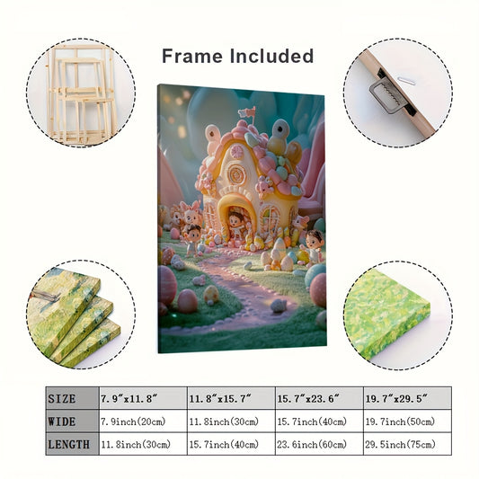 Enchanted Garden Canvas Art Wooden Frame Fairy Tale House Flowers Characters Bir