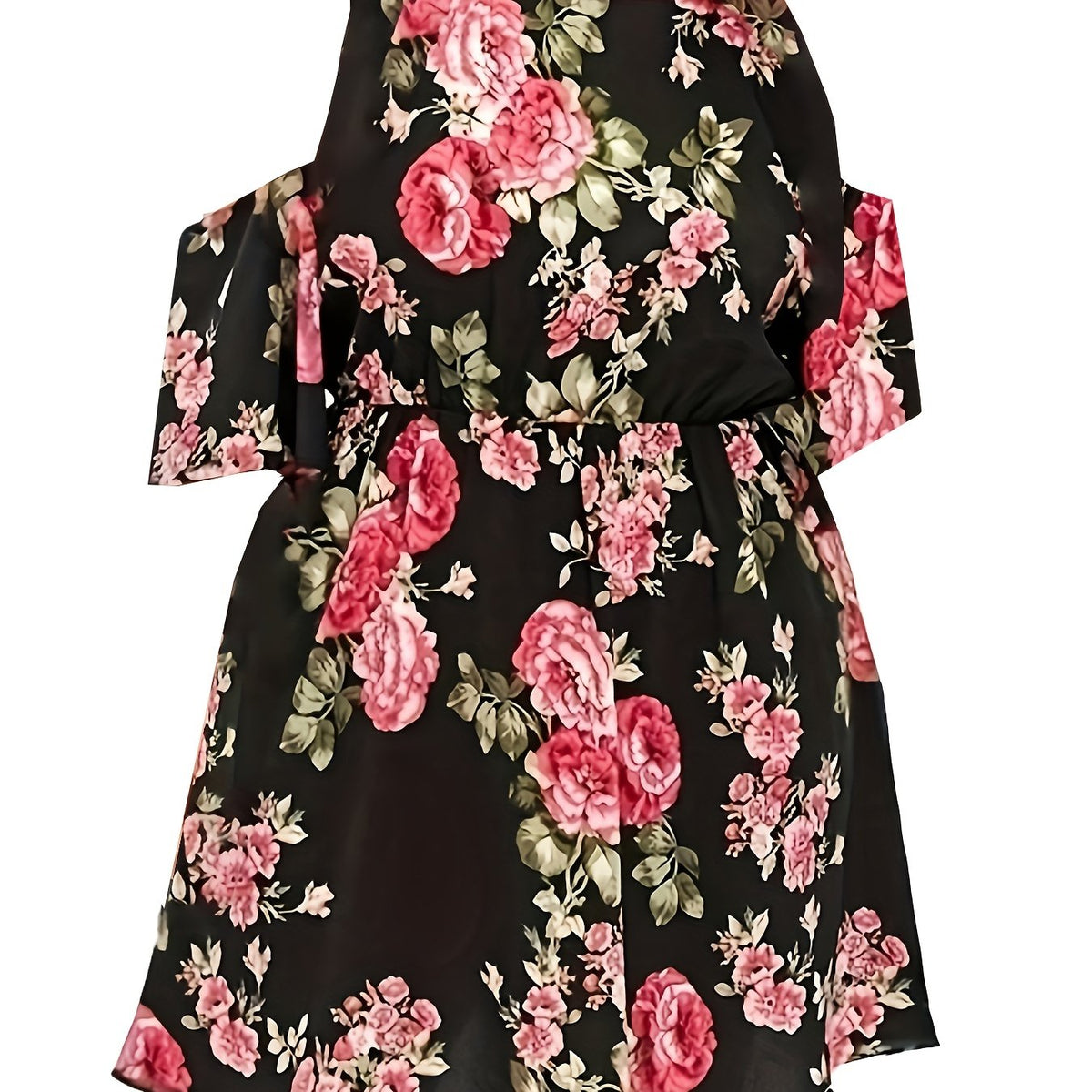  Tropical Print Cold Shoulder Round Neck Mini Dress