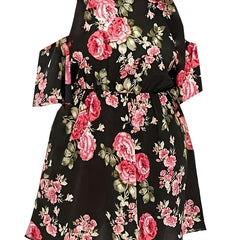  Tropical Print Cold Shoulder Round Neck Mini Dress