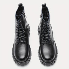 Women's Combat Boots Lace Up Chunky Heel Leather Side Zipper Boots
